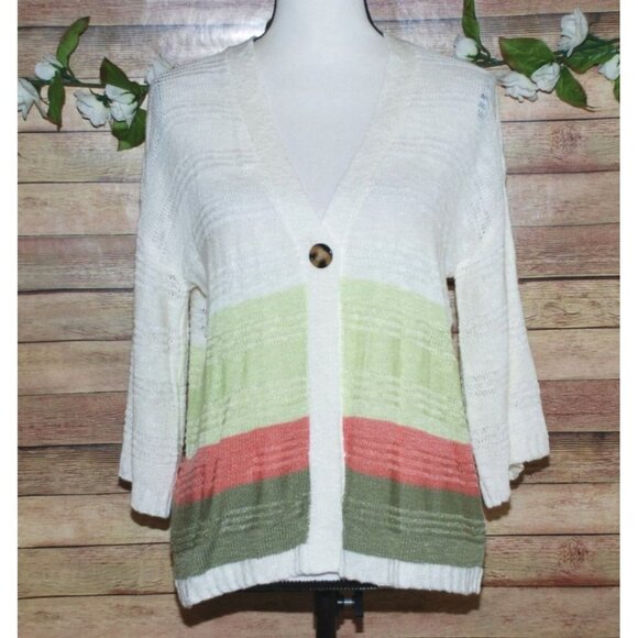 New Directions Single Button Cardigan Sweater Size S V-Neck 3/4 Sleeve Striped - Picture 1 of 12